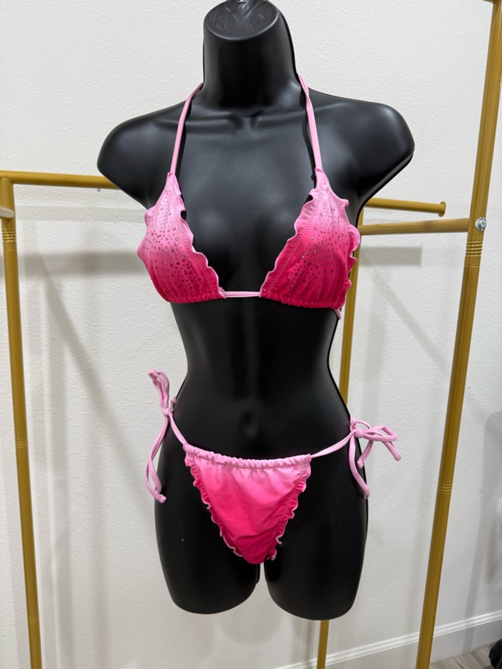 Pink Ombre Rhinestone Bikini Set Size S Ruffle String Tie Swim